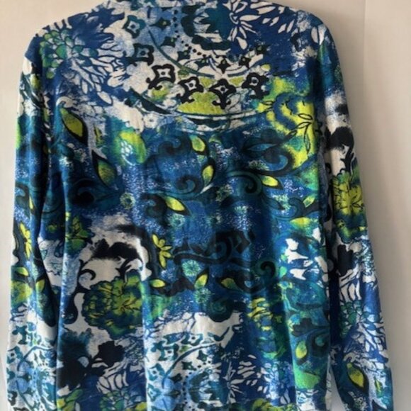 Weekends Chico's 2 Zip Jacket Long Sleeve Blue Green Artsy Vibrant L Statement - Picture 2 of 4